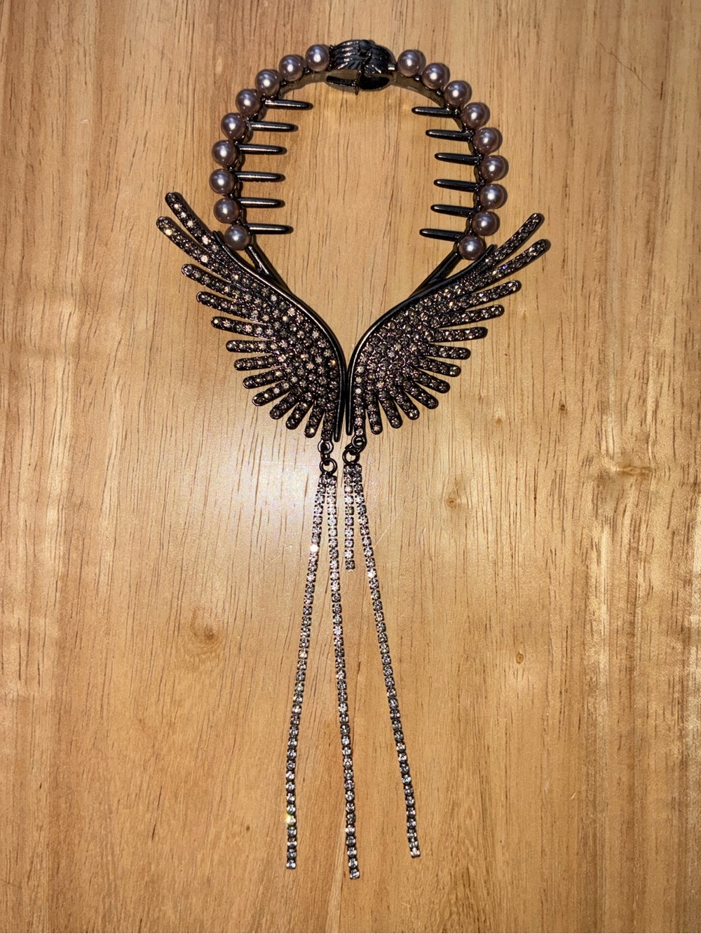 Dark Romantic Pearl & Pave Angel Wing Hair Claw Holder with Dangling Tassels - Picture 2 of 5